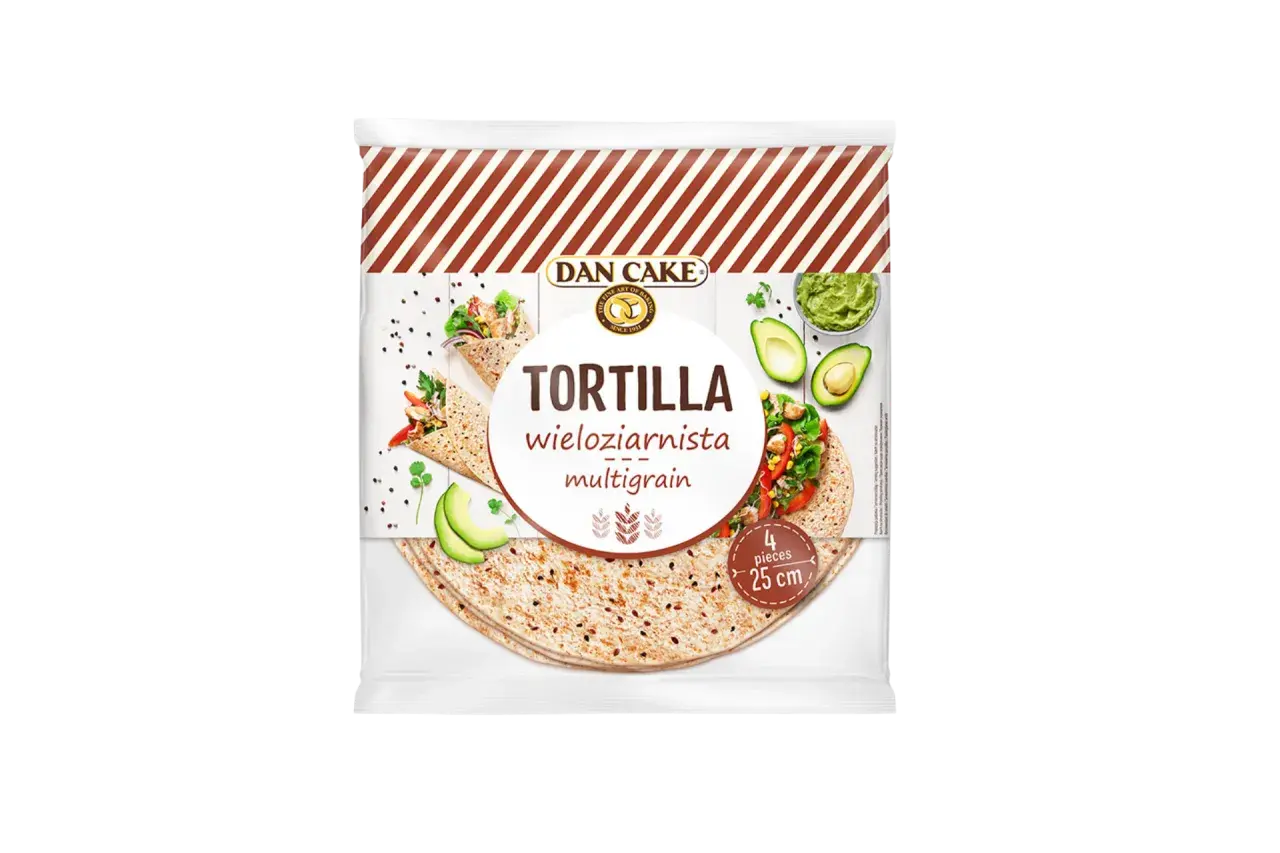 Opakowanie tortilli wieloziarnistej Dan Cake. Czy tortilla wieloziarnista jest zdrowa? Tak, to świetna baza do zdrowych wrapów z awokado i warzywami.