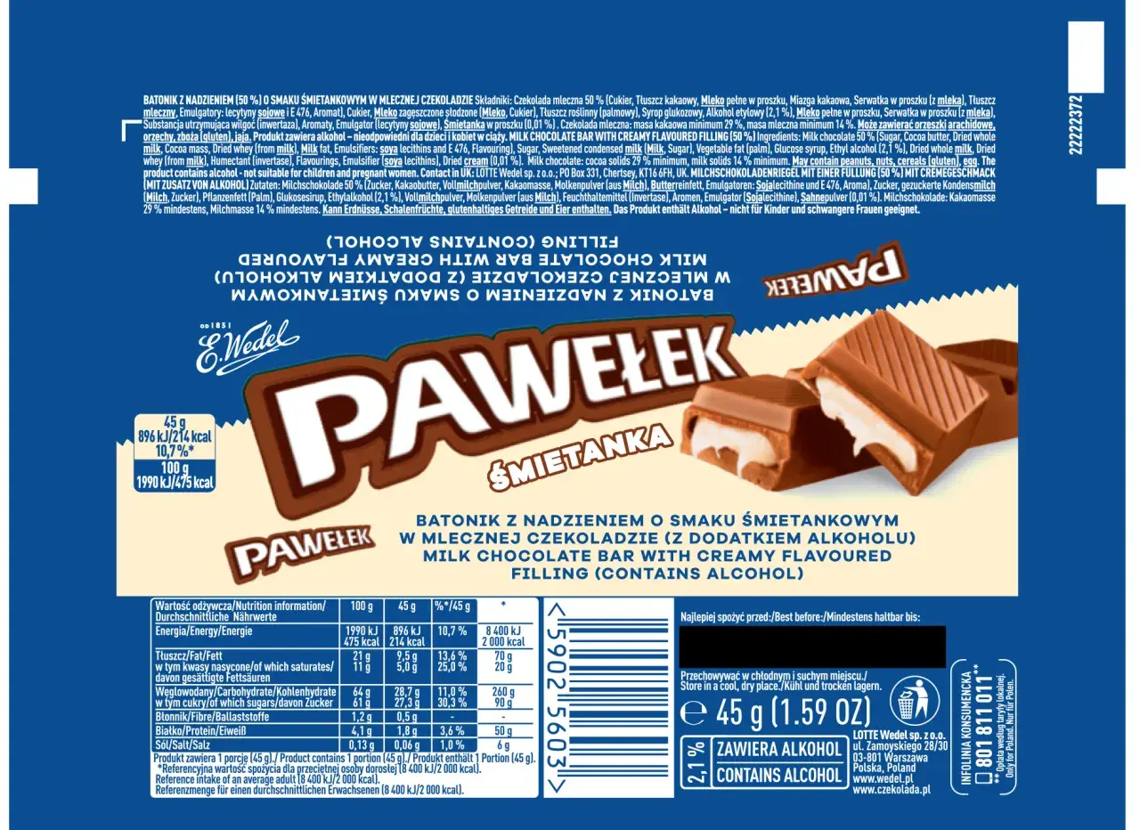 Batonik Pawełek śmietankowy z alkoholem. Czy dzieci mogą jeść pawełki? Produkt zawiera alkohol, nieodpowiedni dla dzieci.
