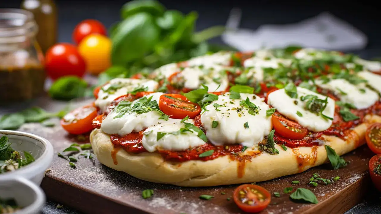 Pyszna pizza na cienkim cieście z mozzarellą i pomidorkami. Zastanawiasz się, ile kalorii ma pizza na cienkim cieście?