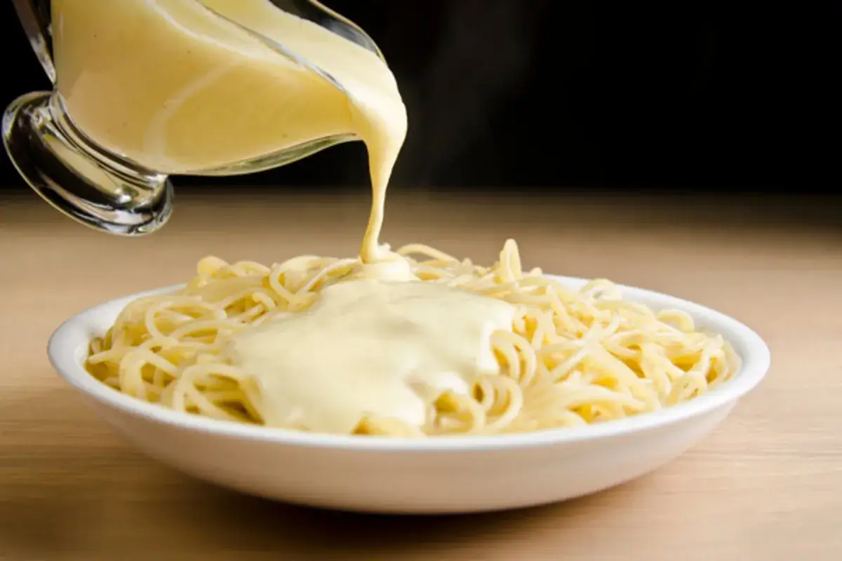 Gęsty, kremowy sos śmietanowy wylewa się na talerz ze spaghetti. Idealny sposób, jak zagęścić sos śmietaną i mąką.