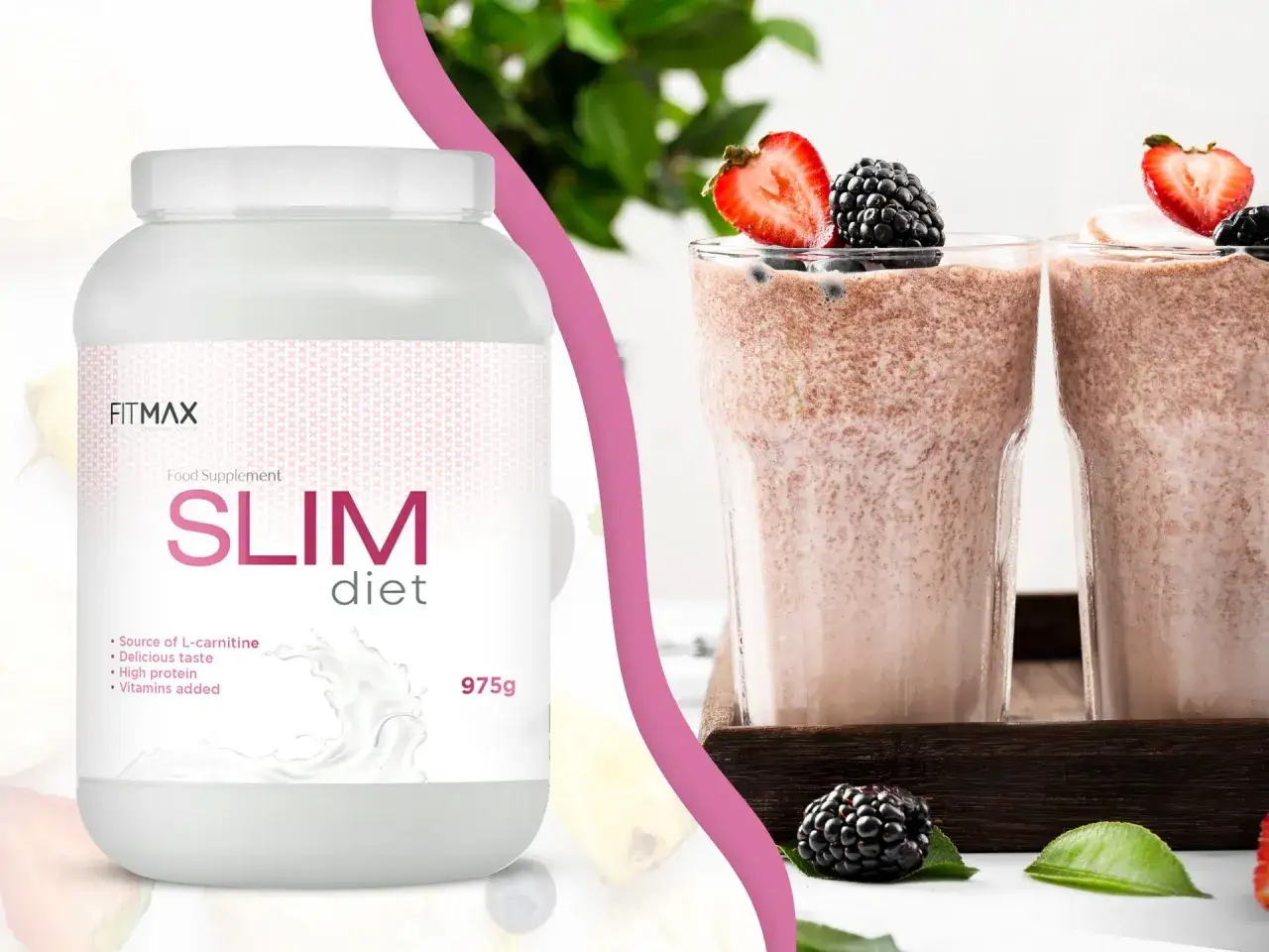 Szejki z owocami i suplement diety FITMAX SLIM diet. To produkty z dużą ilością białka, idealne na zdrowy początek dnia.