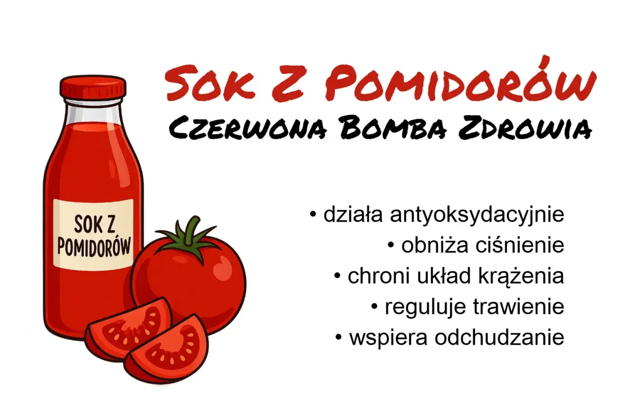 Sok pomidorowy na keto: czerwona bomba zdrowia. Działa antyoksydacyjnie, obniża ciśnienie, chroni układ krążenia, reguluje trawienie i wspiera odchudzanie.