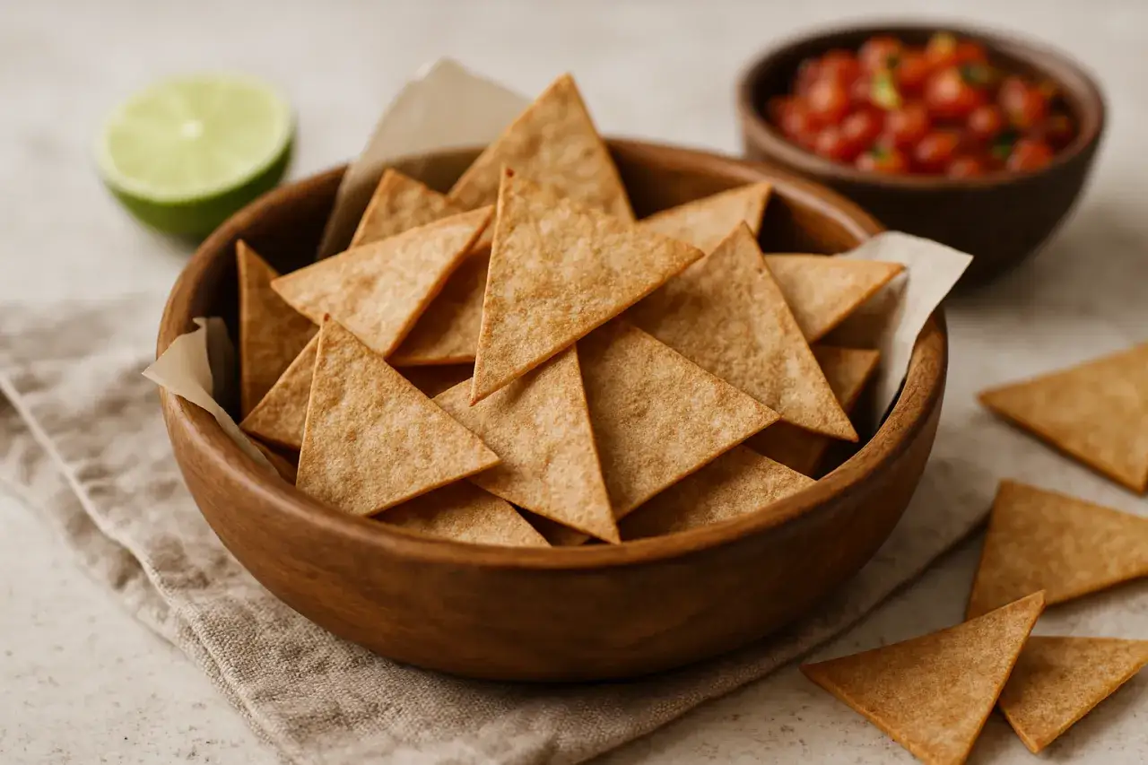 Misternie ułożone chipsy tortilla w drewnianej misce, obok limonki i miseczki z salsą. Czy chipsy tortilla są zdrowe? Zależy od składników!