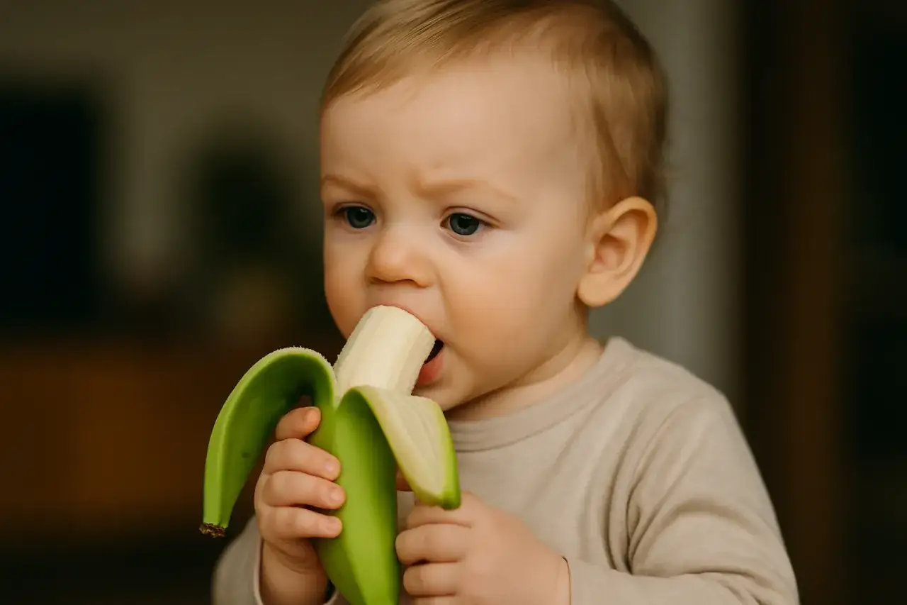 Małe dziecko zjada banana, zastanawiając się, czy banan jest lekkostrawny.