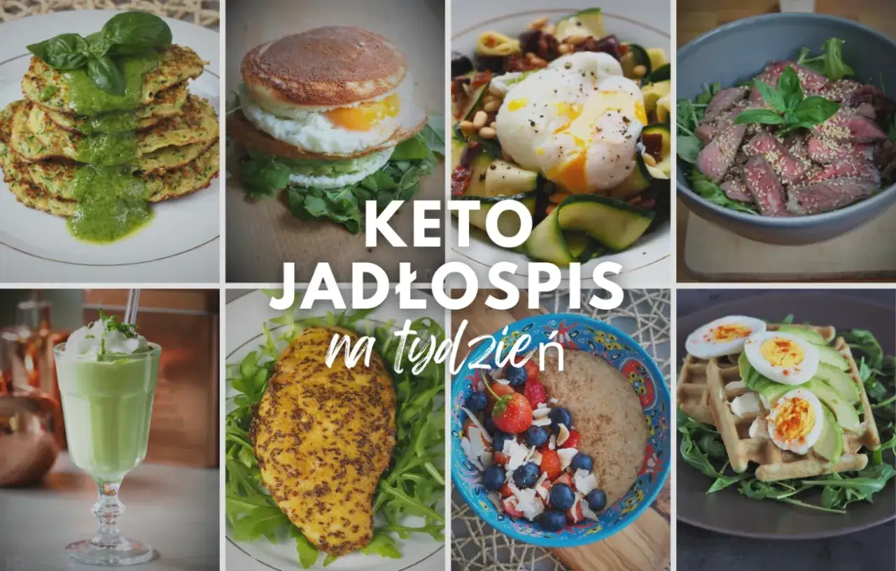 Keto jadłospis na tydzień: placki cukiniowe, jajko sadzone z awokado, sałatka z jajkiem w koszulce, steki, kurczak, owsianka z owocami i gofry z awokado. Dania bez węglowodanów.