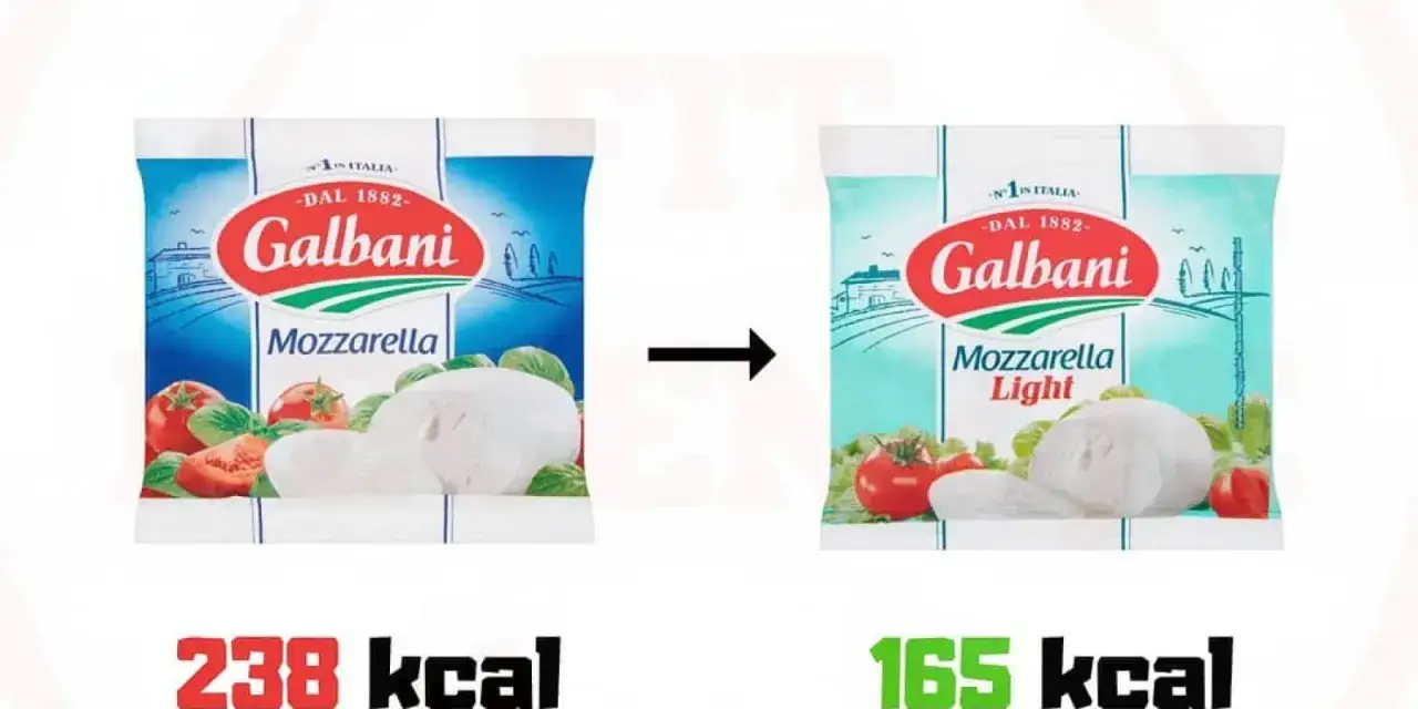 Porównanie opakowań mozzarelli Galbani: zwykła (238 kcal) i light (165 kcal). Czy mozzarella light jest zdrowa? Tak, ma mniej kalorii.