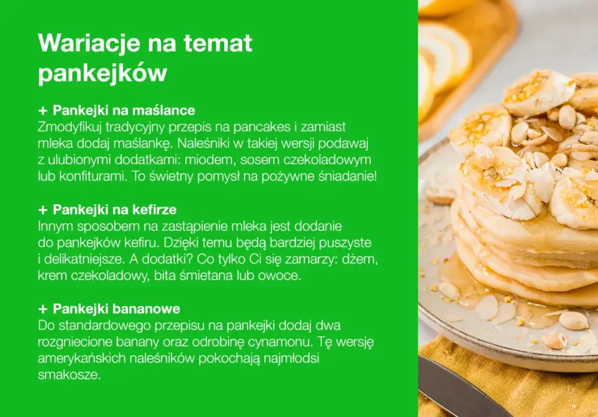 Stosowanie maślanki lub kefiru sprawia, że pancakes są lekkostrawne i puszyste. Na zdjęciu stos stos pancakes z bananami i syropem.