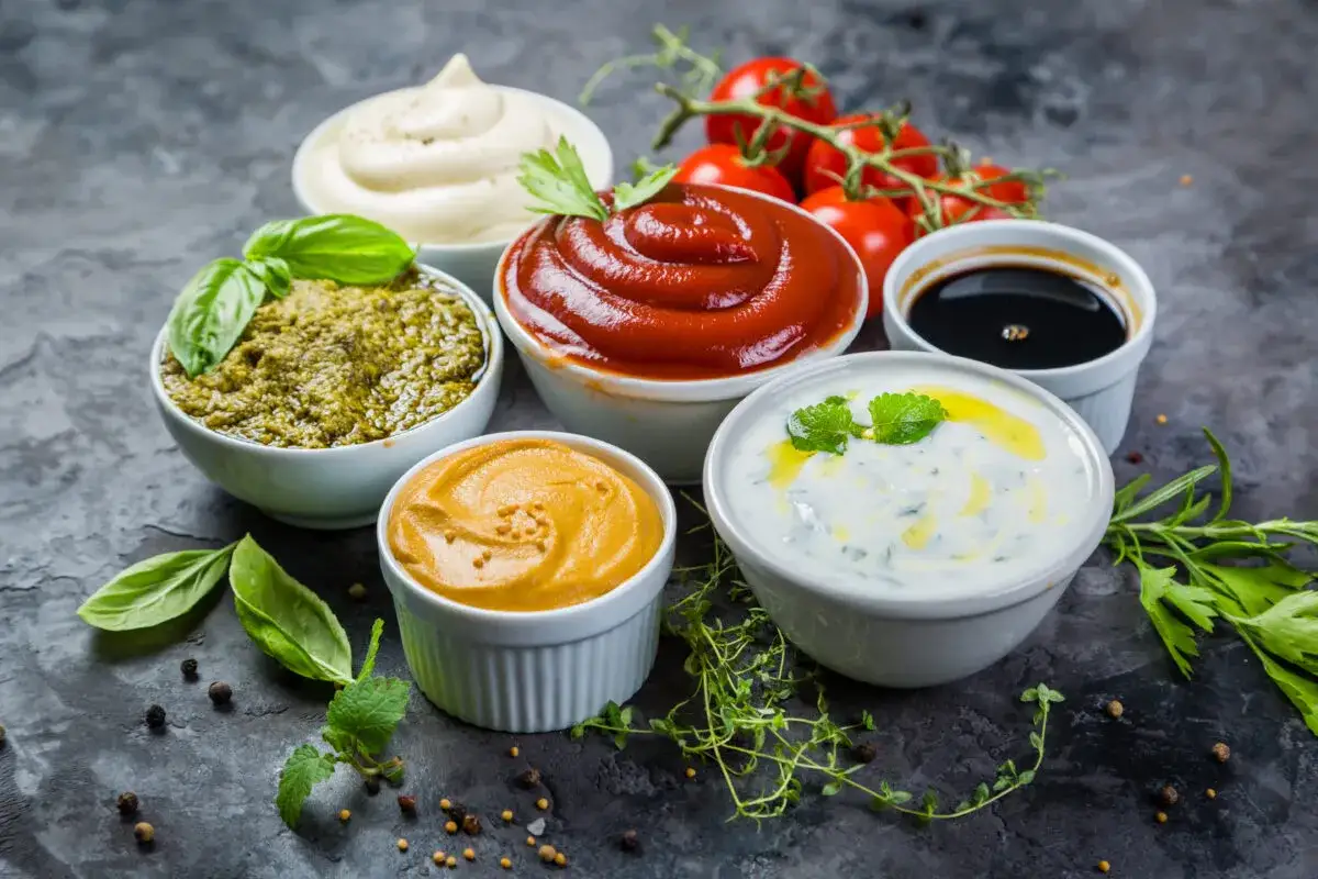 Różnorodne sosy: pesto, majonez, ketchup, musztarda, sos jogurtowy i ciemny sos. Idealne do potraw, a niektóre z nich pomogą Ci jak zdrowo zagęścić sos.