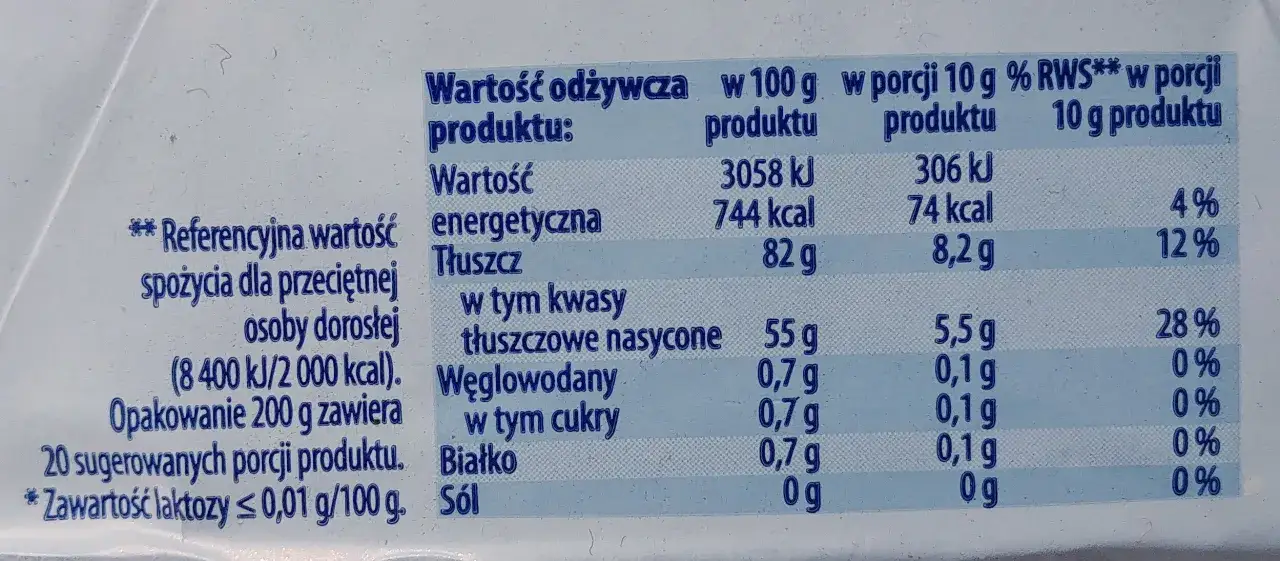 Tabela wartości odżywczych: czy margaryna zawiera laktozę? Zawartość laktozy ≤ 0,01 g/100 g.