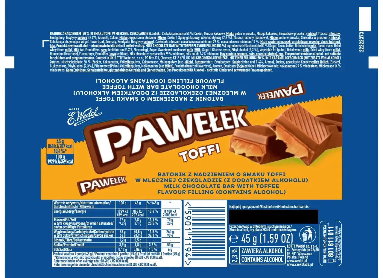 Batonik Pawelek Toffi z alkoholem. Czy dzieci mogą jeść pawełki? Produkt zawiera alkohol, nieodpowiedni dla dzieci.