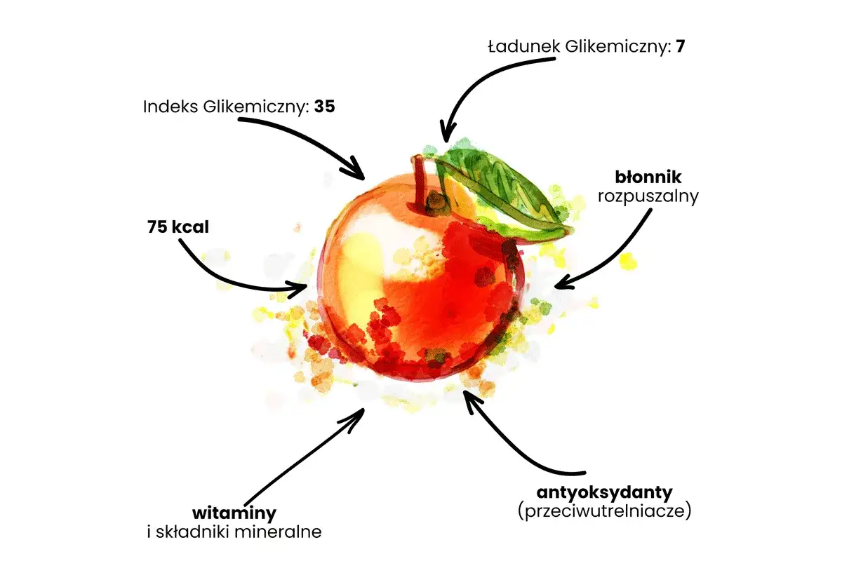 Duże jabłko ma 75 kcal, indeks glikemiczny 35, ładunek glikemiczny 7, błonnik, antyoksydanty, witaminy i składniki mineralne.