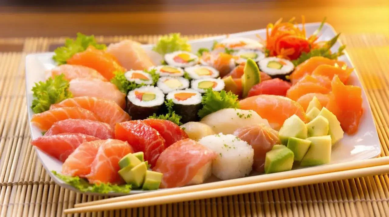 Talerz pełen świeżego sushi: nigiri z łososiem i tuńczykiem, rolki z awokado i warzywami. Idealne sushi na diecie, lekkie i zdrowe.