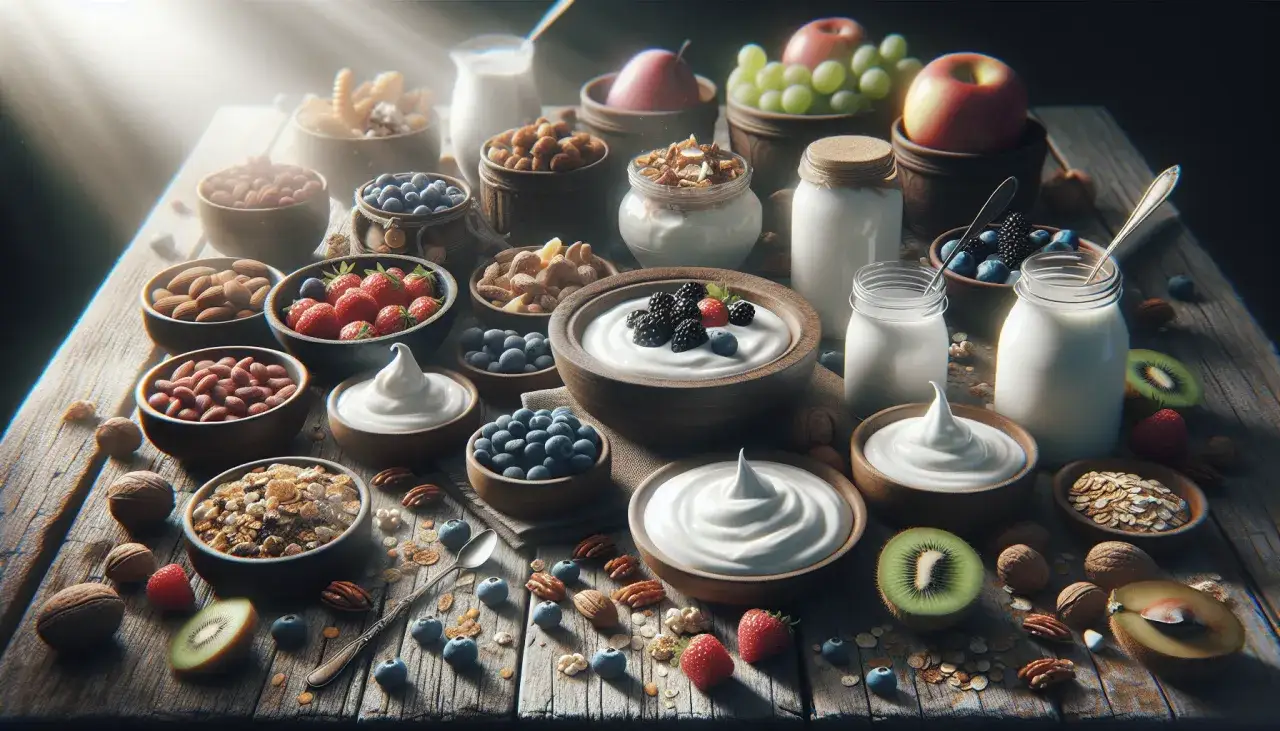 Zdrowe śniadanie: miseczki z jogurtem, owocami, orzechami i płatkami. Idealne na dietę ziemniaki i kefir.