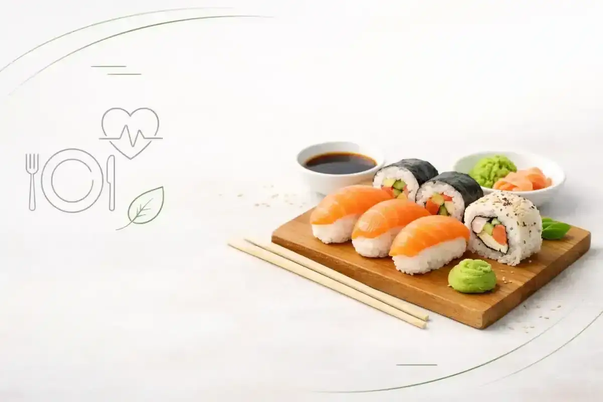Smaczne sushi na diecie: nigiri z łososiem, rolki z ogórkiem i awokado, sos sojowy, wasabi i imbir. Obok symbol zdrowia i liść.