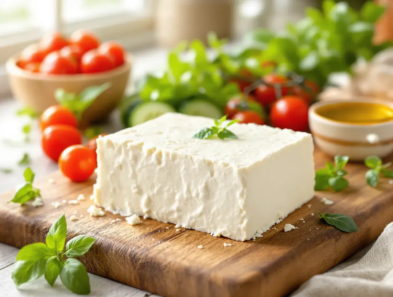 Kostka sera feta na desce z pomidorkami, ogórkiem i bazylią. Czy feta jest zdrowa? Tak, w umiarkowanych ilościach, jako część zbilansowanej diety.