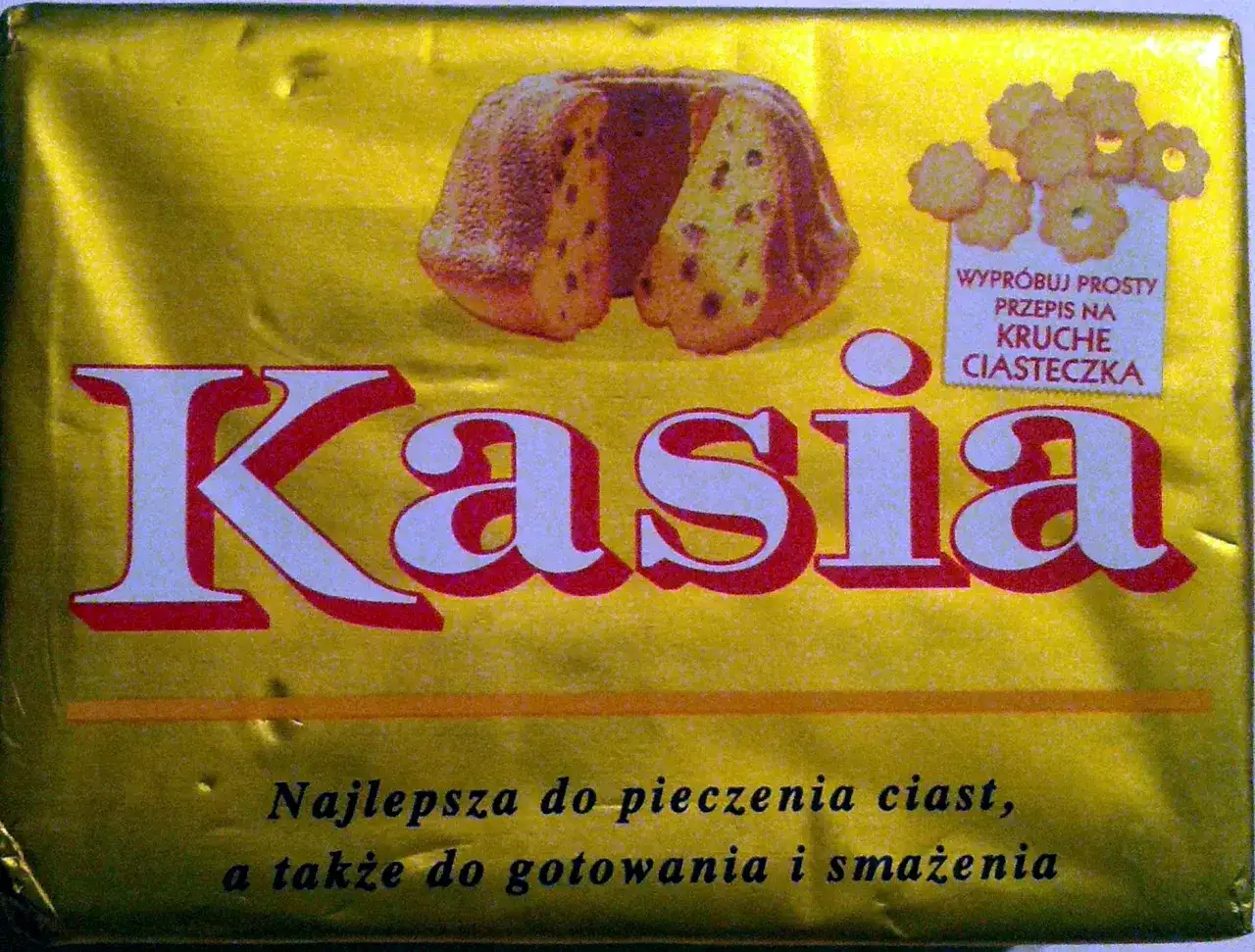 Opakowanie margaryny Kasia z babką i ciasteczkami. Czy margaryna Kasia ma laktozę? Sprawdź na opakowaniu.
