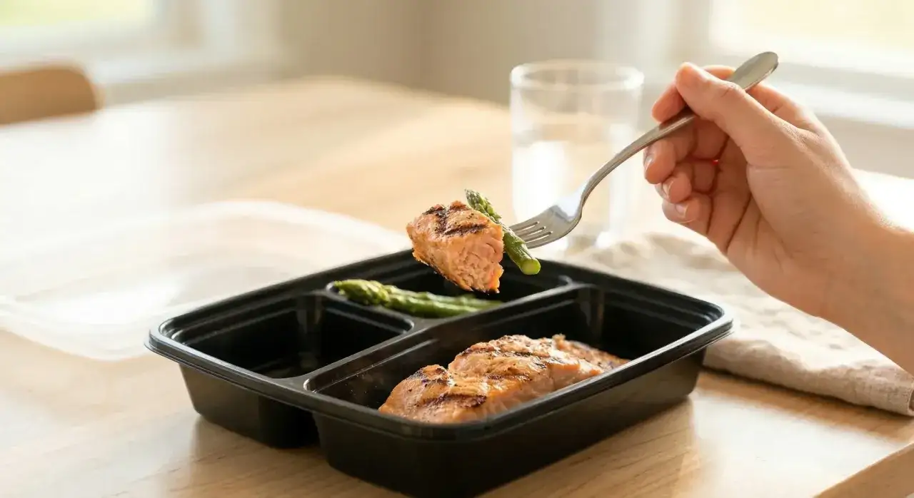 Zdrowy posiłek z łososiem i szparagami w pudełku. Idealna dieta pudełkowa Kłodzko dla aktywnych.