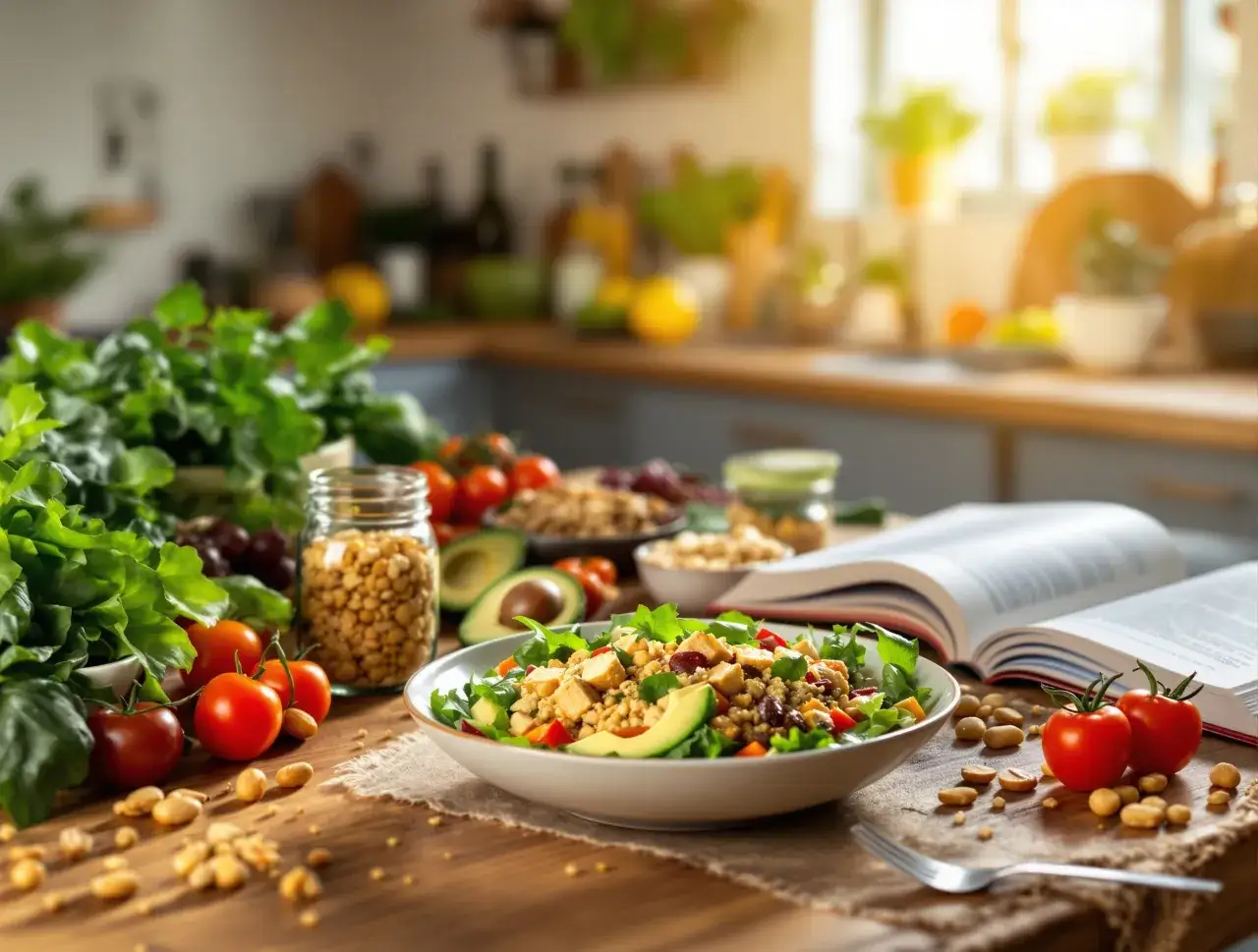 Sałatka pełna białka, z ciecierzycą i tofu, obok świeżych warzyw i otwartej książki kucharskiej. Co to znaczy proteinowe? To zdrowe i sycące!