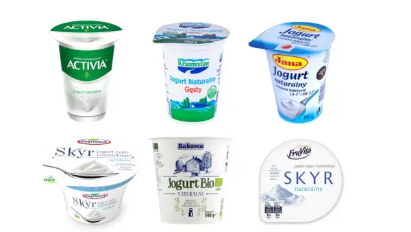 Kilka opakowań jogurtu naturalnego, idealnego na noc: Activia, Krasnystaw, Jana, Piątnica Skry, Bakoma Jogurt Bio, FruVita Skry.